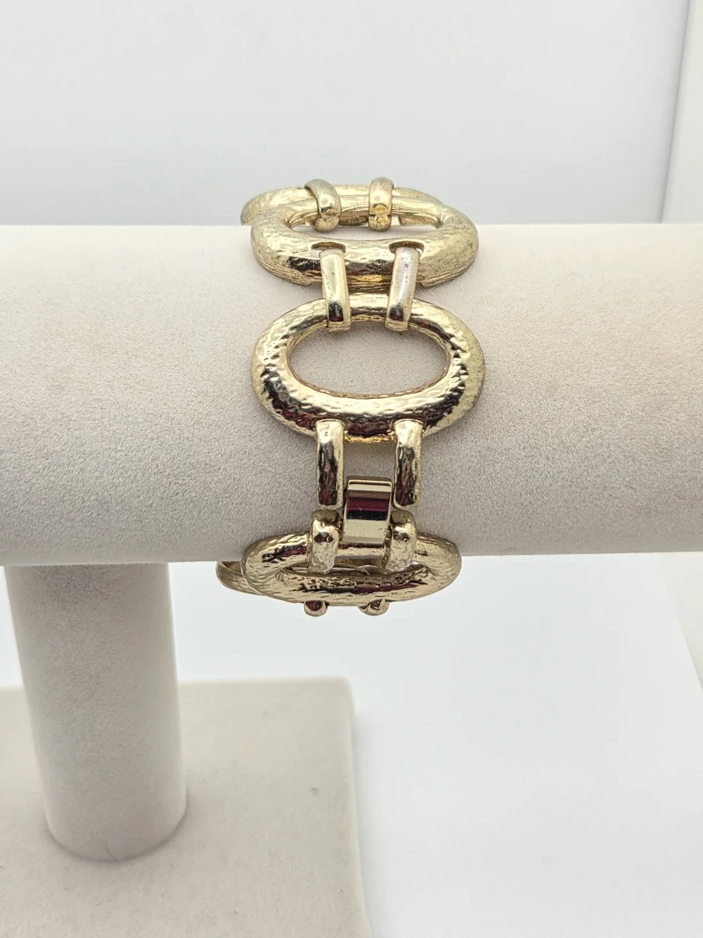 Vintage Hammered Gold Tone Oval Link Statement Bracelet